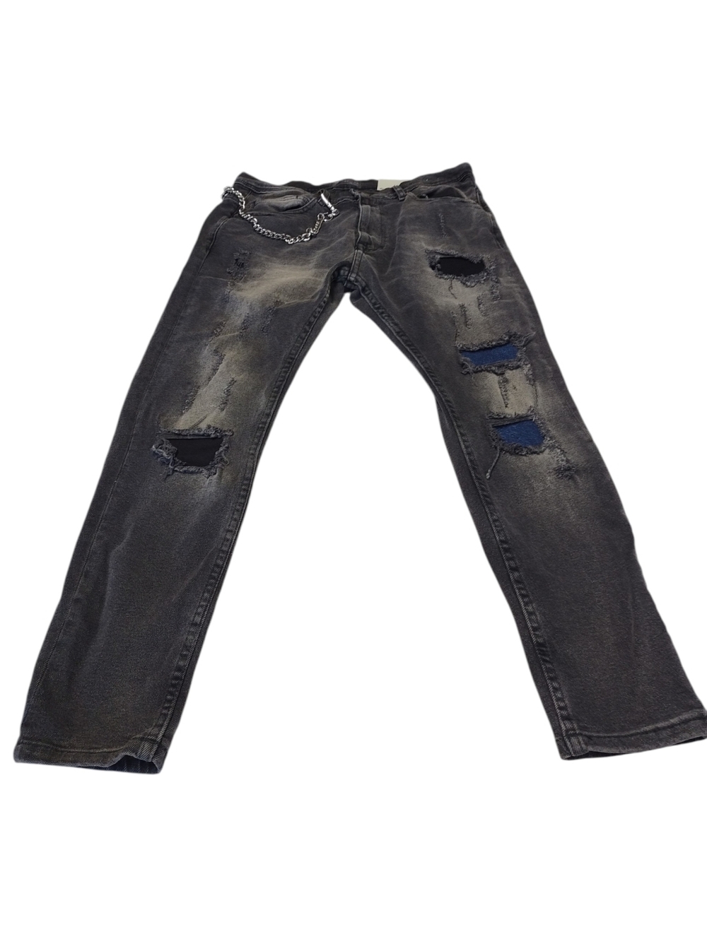 Zara Man Carrot Fit Black Ripped Jeans Men's 32 Distressed Removable Chain NWT - Picture 3 of 11